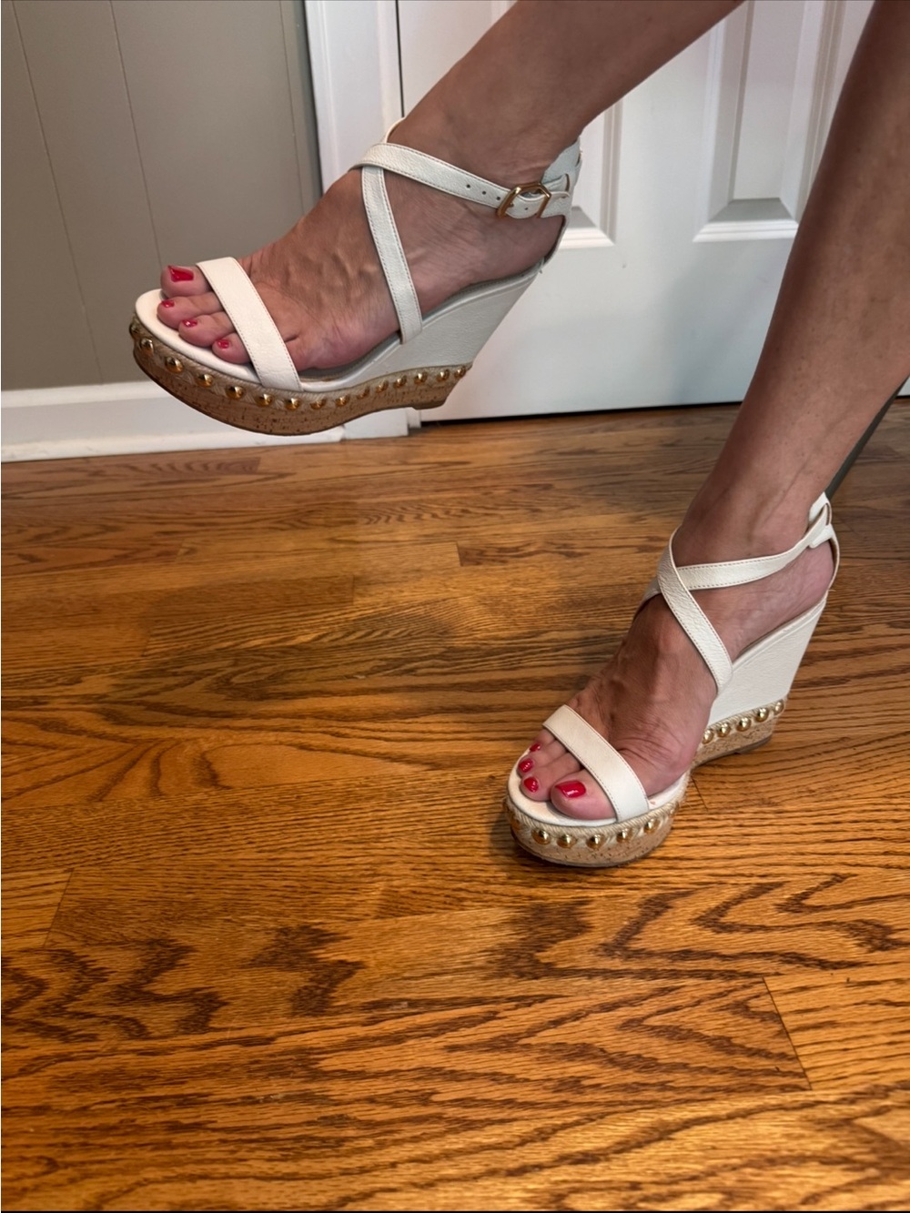 Via Spiga Multi Media White Leather Cork Platform Sandals with Gold Studs (EU39)